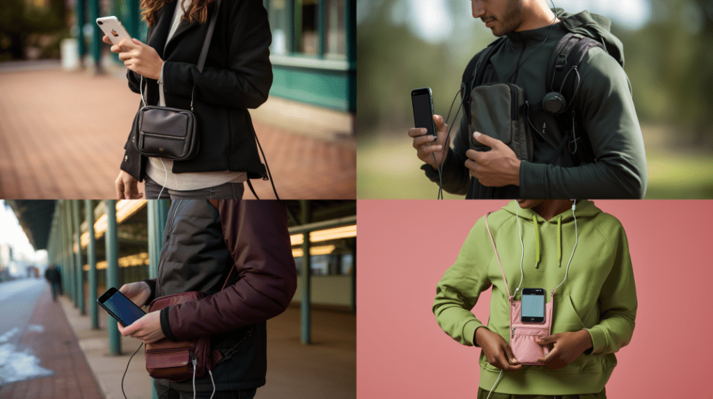 A person wearing a cross-body bag with a phone pouch, showing the pouch's contents of a charging cable, earbuds, and a small wallet